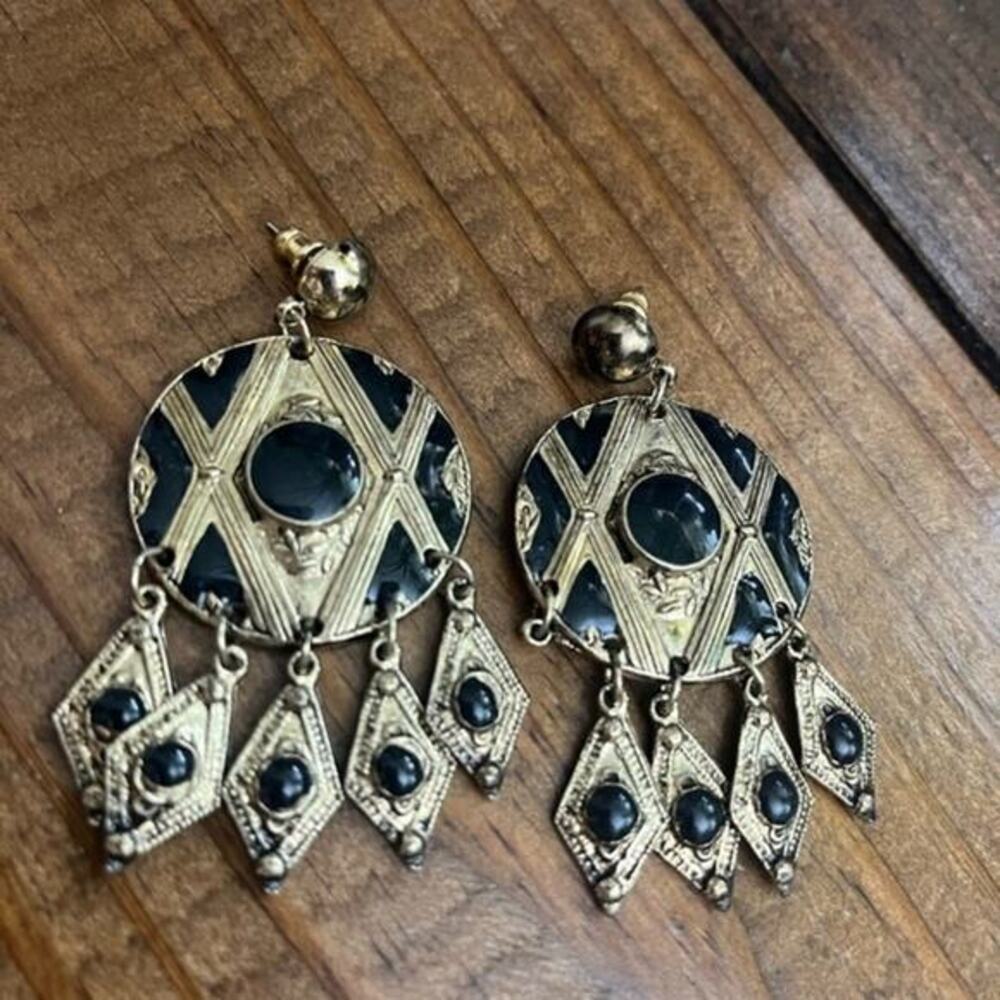 Vintage 80s 1980s HUGE Gold and Black Stone Oversized Chandelier Earrings A1